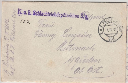 Österreich - KuK Schlachtviehdepotsektion, L1 a. Feldpostbrief n. Mettnach 1916