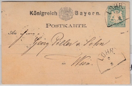 Bayern - Lohr 8/8 (1875), HKS a. 2 Kr. GA-Karte n. ÖSTERREICH (Wien)