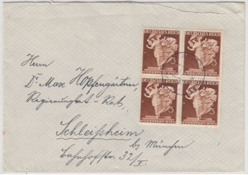 DR - 3 Pfg. Modestadt Wien, 4er-Block Brief Nürnberg - Schleissheim 1942