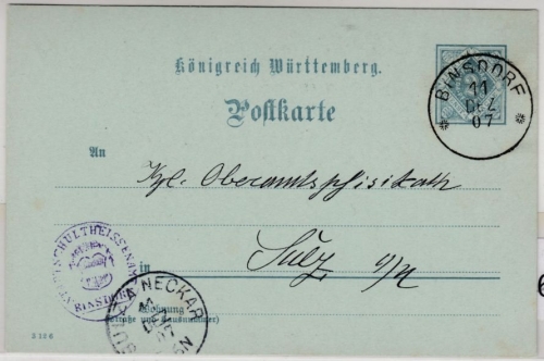Württemberg - 2 Pfg. Dienst-GA-Karte/Oberamtsverkehr Binsdorf - Sulz 1907