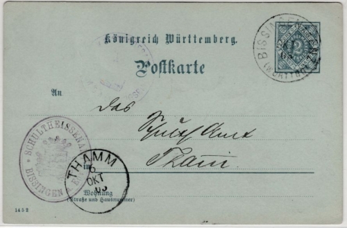 Württemberg - 2 Pfg. Dienst-GA-Karte/Oberamtsverkehr Bissingen - Thamm 1903