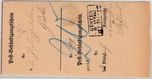 DR - Güsten in Anhalt 1875, Ra3 a. Post-Behändigungsschein v. Staßfurt