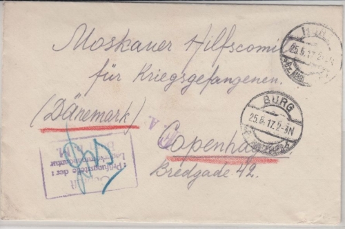 DR - Burg b. Magdeburg 1917, Kriegsgefangenenbrief n. DÄNEMARK, Lagerzensur