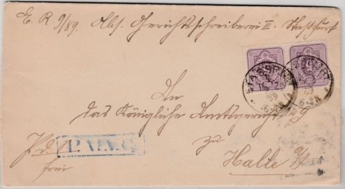 DR - "PMVC", blauer Ra1 a. Brief 2x5 Pfg. Stassfurt - Halle 1889, ohne Inhalt
