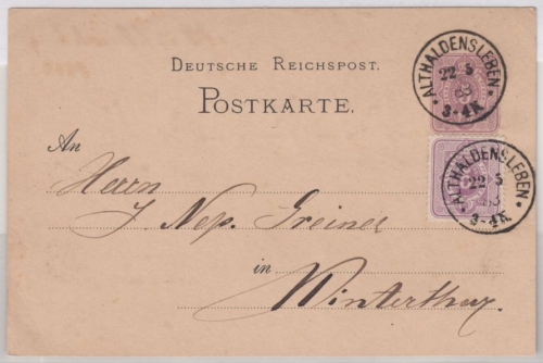 DR - Althaldensleben 1883, kl. K1 a. 5 Pfg. GA-Karte+Zusatz i.d. SCHWEIZ