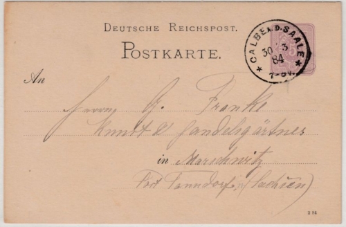 DR - Calbe a.d. Saale 1884, Klaucke-Stpl. a. 5 Pfg. GA-Karte n. Marschwitz