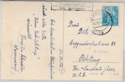 DDR - Wassensdorf ü. Oebisfelde, Landpost-Ra2 a. Karte n. Pilsting 1956