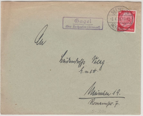 DR - Gagel ü. Seehausen (Altmark), Landpost-Ra2 a. Brief n. München 1936