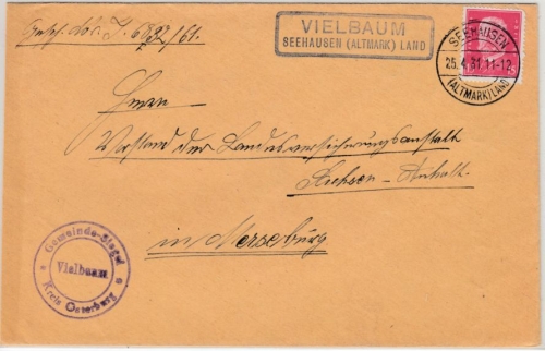 DR - Vielbaum Seehausen (Altmark) Land, Landpost-Ra2 a. Brief n. Merseburg