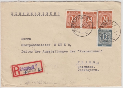 All.Bes./Kontrollrat - 3x24+12 Pfg. Ziffer Einschreibebrief Stendal - Prien 1946