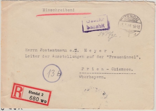 All.Bes - Stendal 5.1.46, Gebühr bezahlt, Ra2 a. Einschreibebrief Stendal -Prien