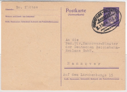 DR - Oebisfelde - Salzwedel ^Bahnpost Zug 1564, 6 Pfg. AH-GA-Karte/A-Teil 1943