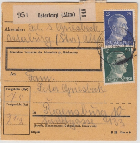 DR - 50+25 Pfg. AH Paketkarte Osterburg (Altm) - Regensburg 1943, Hinweisstpl. !