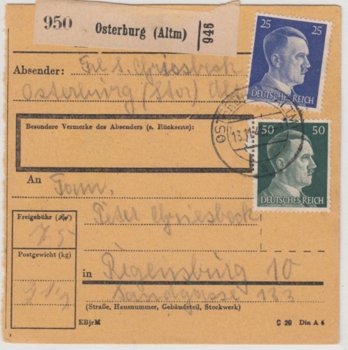 DR - 50+25 Pfg. AH, Paketkarte Osterburg (Altm) - Regensburg 1943, rs. Stempel !