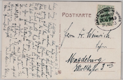 DR - Harzb.-Wernig-Heudeber, Zug 949, Karte v. Wernigerode - Magdeburg 1913