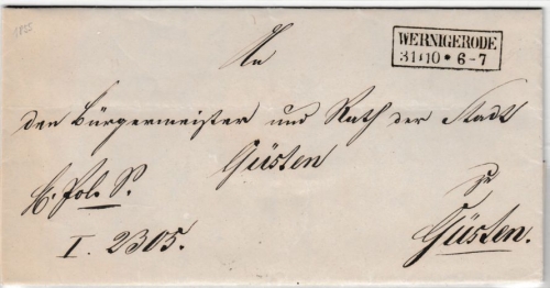 Preussen - Wernigerode (1855), Ra2 a. Dienstbrief n. Güsten, mit Inhalt