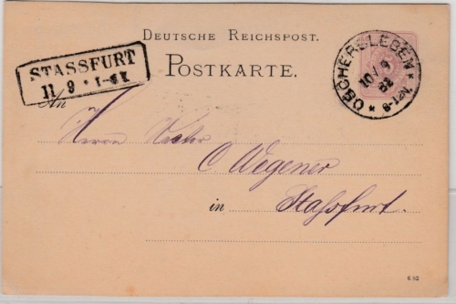 DR - Oschersleben 1882, Klaucke-Stempel a. 5 Pfg. GA-Karte n. Stassfurt