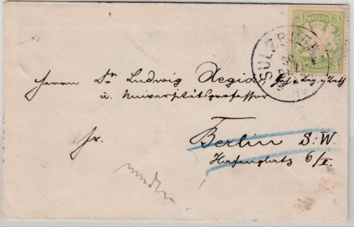 Bayern - 3 Pfg. Wappen, Drucksachenbrief Sulzbürg - Berlin 1888, Weiterleitung