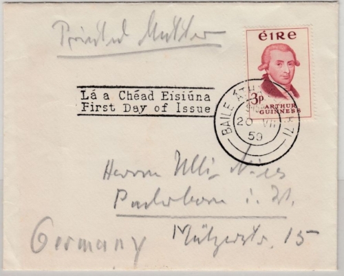 Irland - 3 P. Guiness, Drucksachenbriefchen/FDC Dublin - Paderborn 1959
