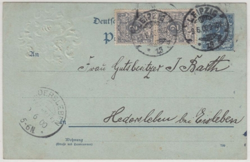 DR - 2 Pfg. K/A GA-Karte + 2x2 Pfg. K/A Zusatz, geprägter Absender, Leipzig 1900