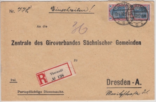 DR - 2x2 M. Germania, Einschreibebrief Tharandt - Dresden 1922, ohne Inhalt