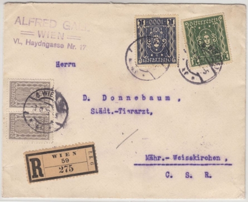 Österreich - 25 K. Frauenkopf u.a., Einschreibebrief n. CSR, Wien - Pisek 1922
