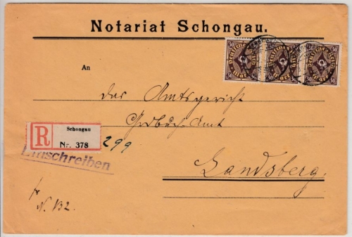 DR-Infla - 3x30 M. Posthorn, Einschreibebrief Schongau - Landsberg 1923