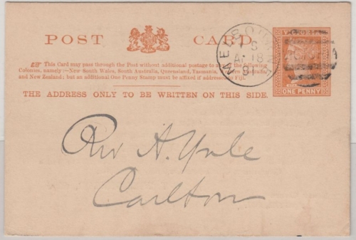 Victoria - 1 P. GA-Karte/Zudruck "Presbytery...", Melbourne - Carlton 1891