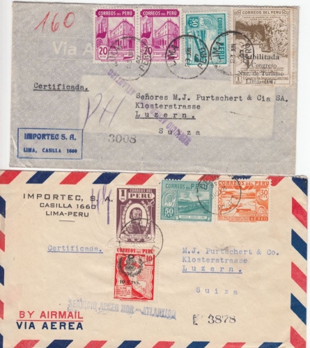 Peru - 2 Lufpo-Einschreibebriefe i.d. SCHWEIZ, Lima - Luzern 1946/47