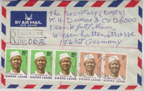 Sierra Leone - 3x15+2x5 C. Präsident, Lupo-Einschreibebrief Makene - Frankfurt