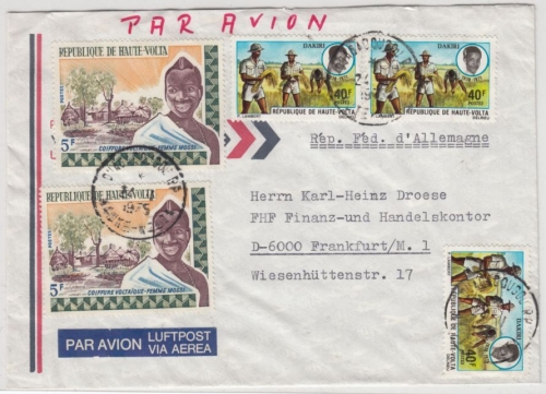 Obervolta - 2x5 Fr. Haartracht u.a., Lupo-Brief Ougadougou - Frankfurt a.M. 1975