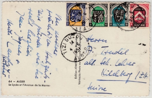 Algerien - 10+5+2+1 F. Wappen, Karte i.d. SCHWEIZ, Tizi Ouzou - Kirchberg 1951