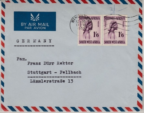 Südwestafrika - 2x1'6 Sh. Mädchen, Lupo-Brief Windhoek - Stuttgart 1959