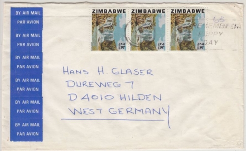 Zimbabwe - 3x21 C. Odzani-Wasserfälle, Lupo-Brief Gweru - Hilden 1982
