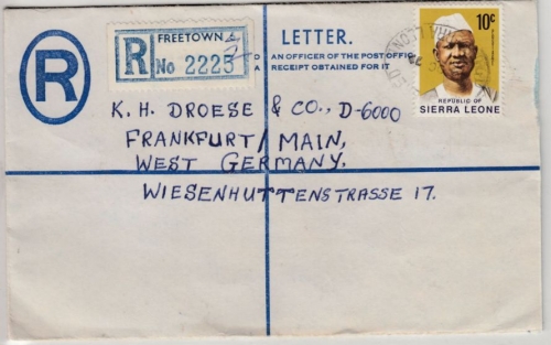 Sierra Leone - 20 C. Einschreibe-GA-Umschlag + Zusatz, Freetown - Frankfurt 1979