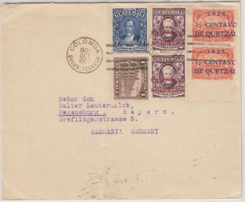 Guatemala - 2x1 C.d.Q. a. 2,50 P. u.a., Brief Quezaltenango - Regensburg 1929