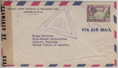 Curacao - 35 C. Lupo-Ausg., Flugpost-Zensurbrief n. USA, Aruba - Detroit 1943