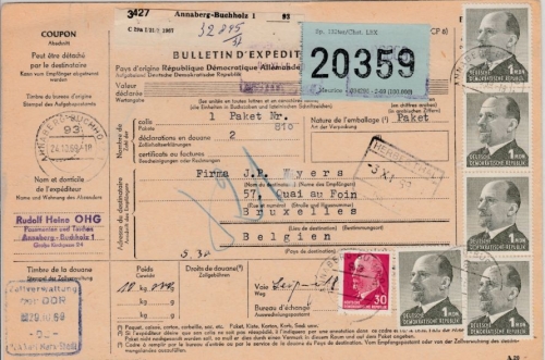 DDR - 5x1 MDN Ulbricht u.a., Paketkarte n. BELGIEN, Annaberg-Buchholz 1969 n.