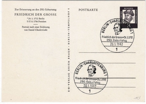 Berlin - 250. Geburtstag Friedrich der Große, 8 Pfg. Privat-GA-Karte + SST 1962