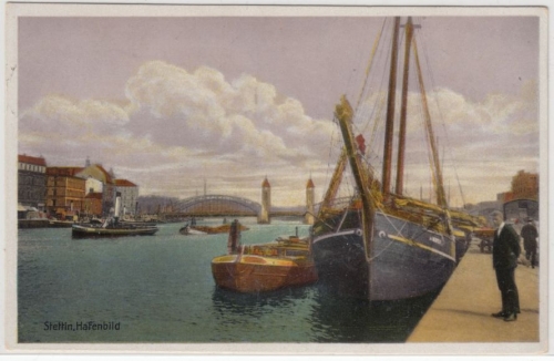 Pommern - Stettin, Hafenbild - Farb-AK, gelaufen 1931