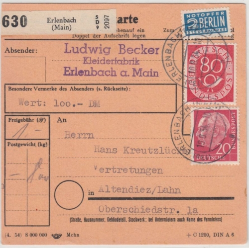 BRD - 80 Pfg. Posthorn + 20 Pfg. Heuss, Wertpaketkarte Erlenbach - Altdiez 1954