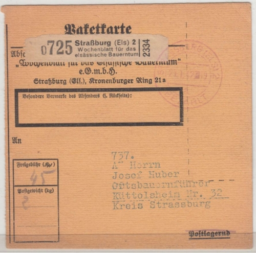 DR - Straßburg 2 - 1942, Gebühr bezahlt, Paketkarte/Selbstbucher n. Küttolsheim