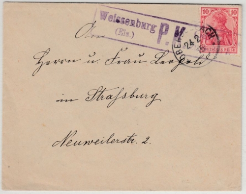 DR - Oberseebach 1915, K1 a. Zensurbrief n. Straßburg, Zensur-Ra2 Weissenburg