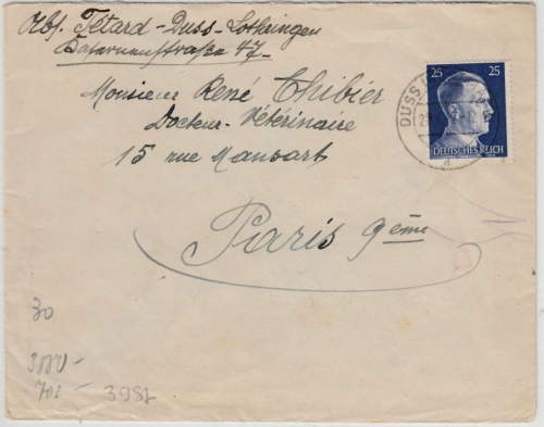 DR - 25 Pfg. AH, Zensurbrief n. FRANKREICH, Duss (Westmark) - Paris 1942