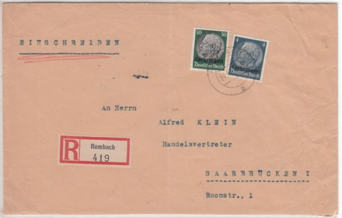 Dt.Bes.Lothringen - 50+4 Pfg. Hindenburg/Überdruck, Einschreibebrief Rombach n.
