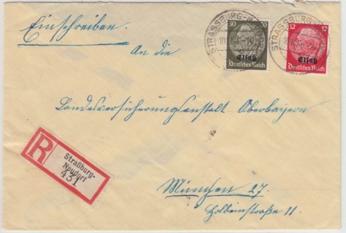 Dt.Bes.Elsass - 30+12Pfg.Hindenburg/Überdruck Einschreibebrief Straßburg-Neudorf