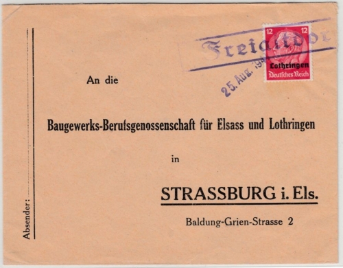 Dt.Bes.Lothringen - 12 Pfg. Hindenburg/Überdruck, Brief Ra1 Freialtdorf 1941 n.