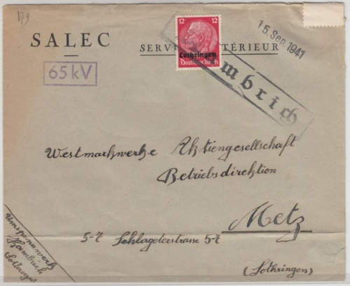 Dt.Bes.Lothringen - 12 Pfg. Hindenburg/Überdruck, Brief Ra1 Kambrich - Metz 1941