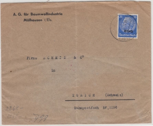 Dt.Bes.Elsaß - 25 Pfg. Hindenburg/Überdruck Zensurbrief i.d. SCHWEIZ Mülhausen