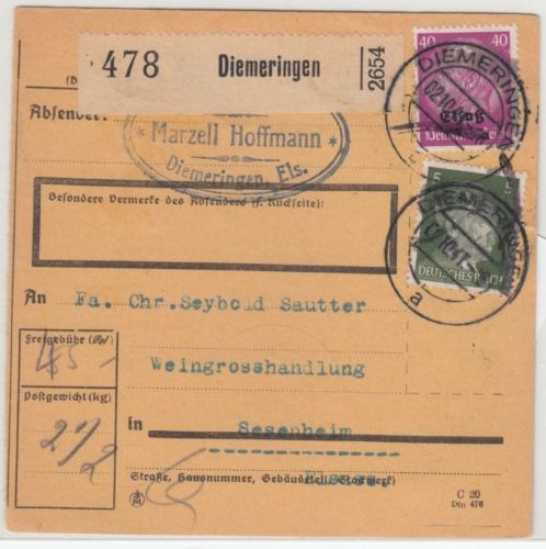 Dt.Bes.Elsaß - 40 Pfg. Hindenburg/Überdruck u.a., Paketkarte Diemeringen 1941